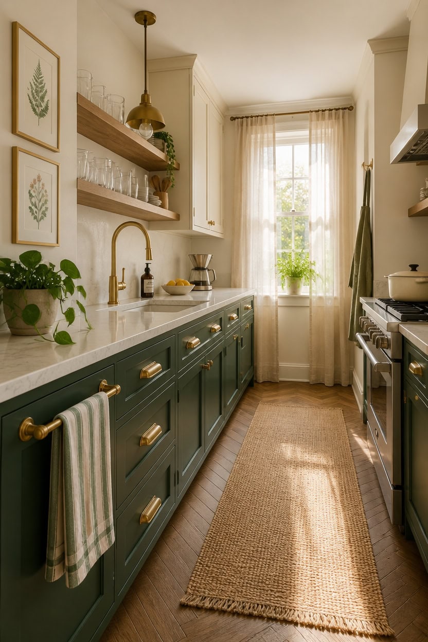 Bright kitchen with green cabinets, gold hardware, and natural light from window.