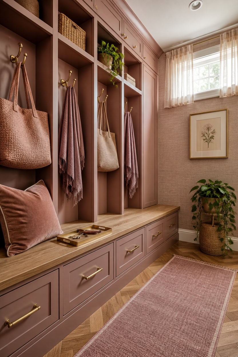 Stylish mudroom with built-in storage, hooks, and decorative accents in a modern apartment.