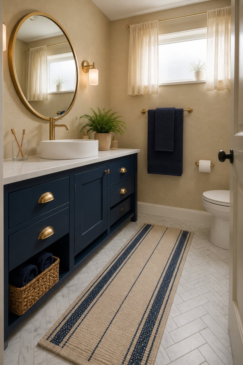Bright bathroom featuring a blue vanity, round mirror, and natural light from two windows. Elegant d.