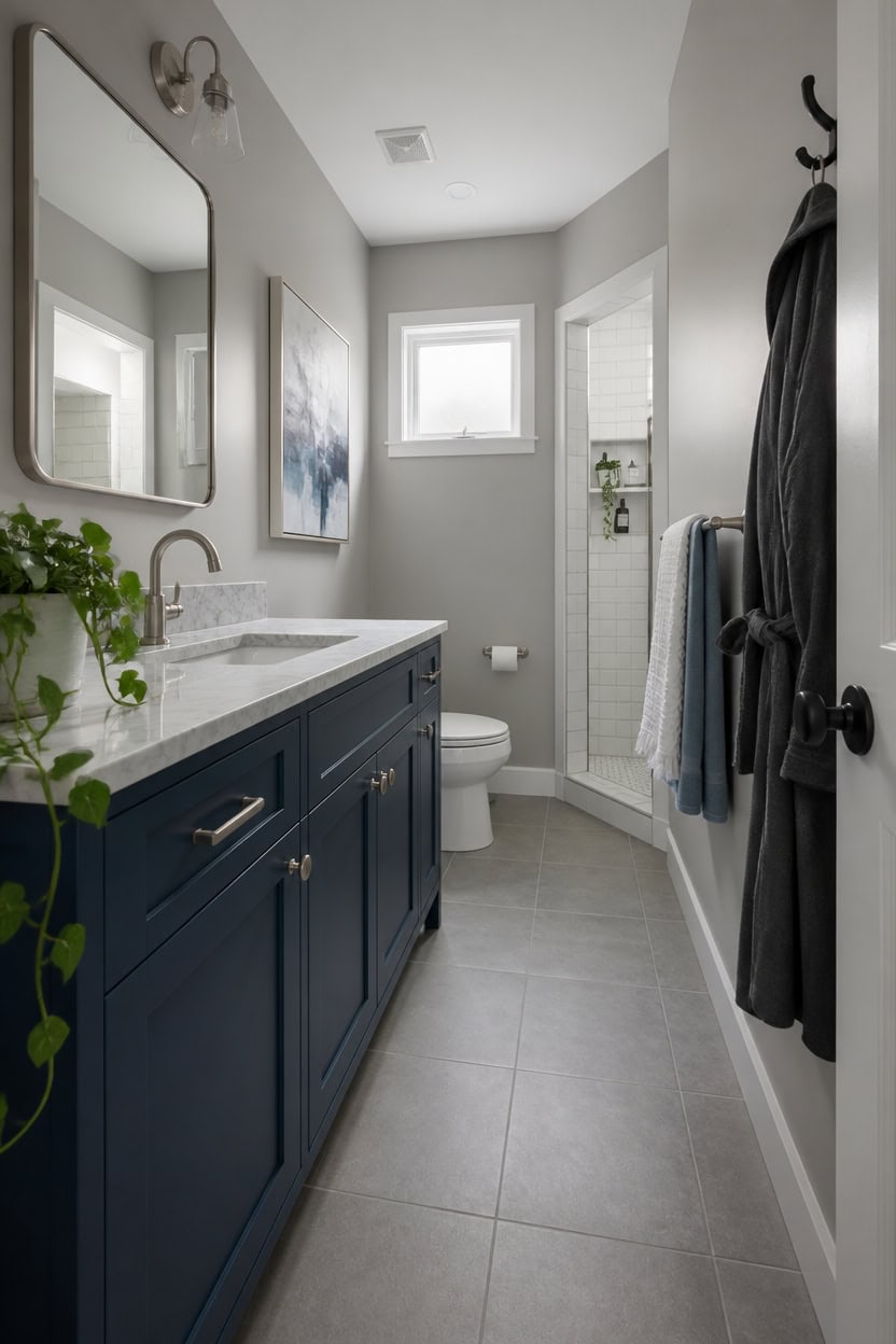 Modern bathroom featuring a blue vanity, shower, and neutral gray tiles for a stylish look.