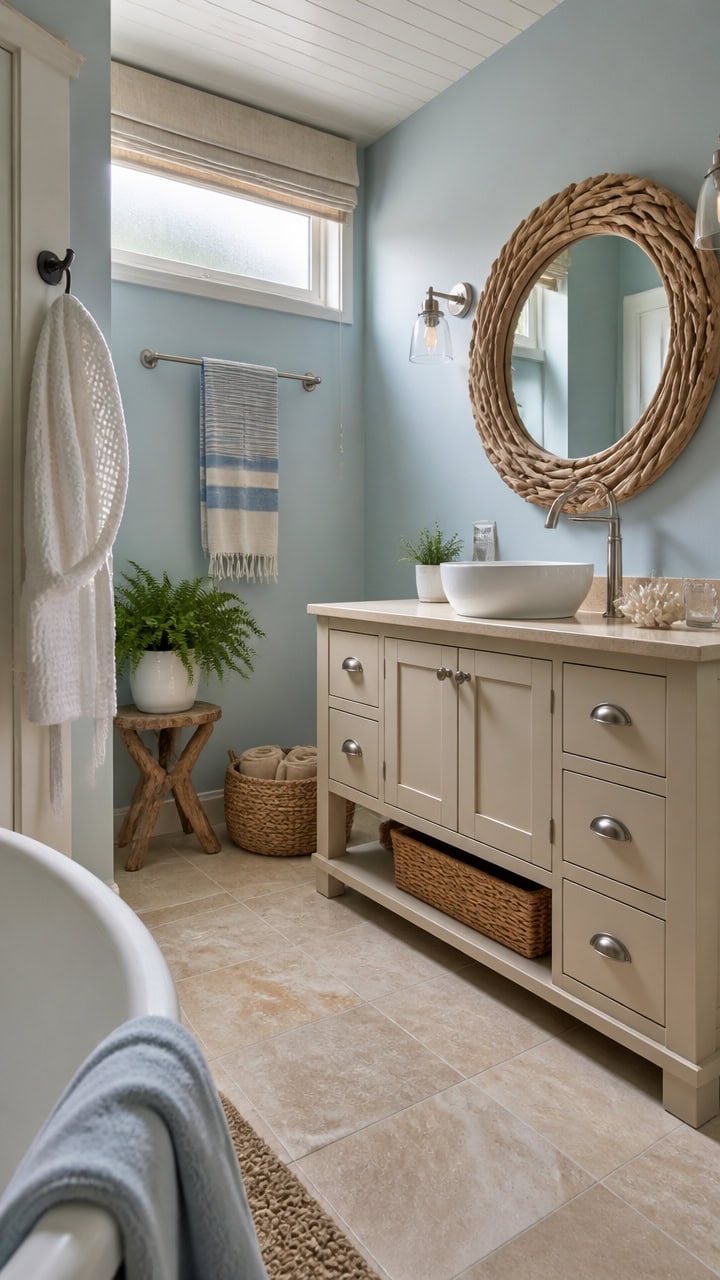 Bright bathroom featuring a white vanity, round mirror, and natural accents. Perfect for a relaxing, stylish apartment bathro.