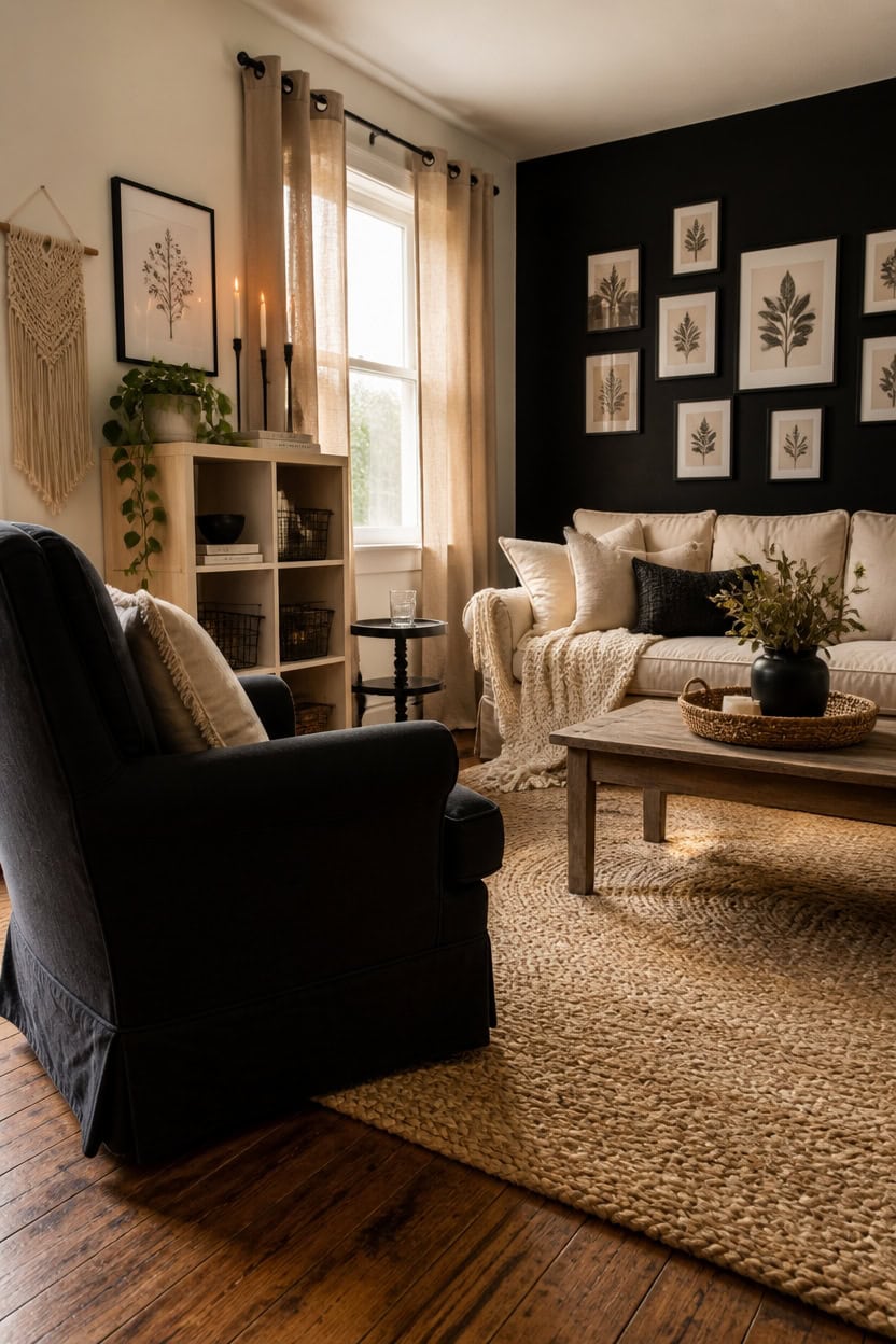 Cozy living room featuring a white sofa, black armchair, and decorative wall art, illuminated by nat.