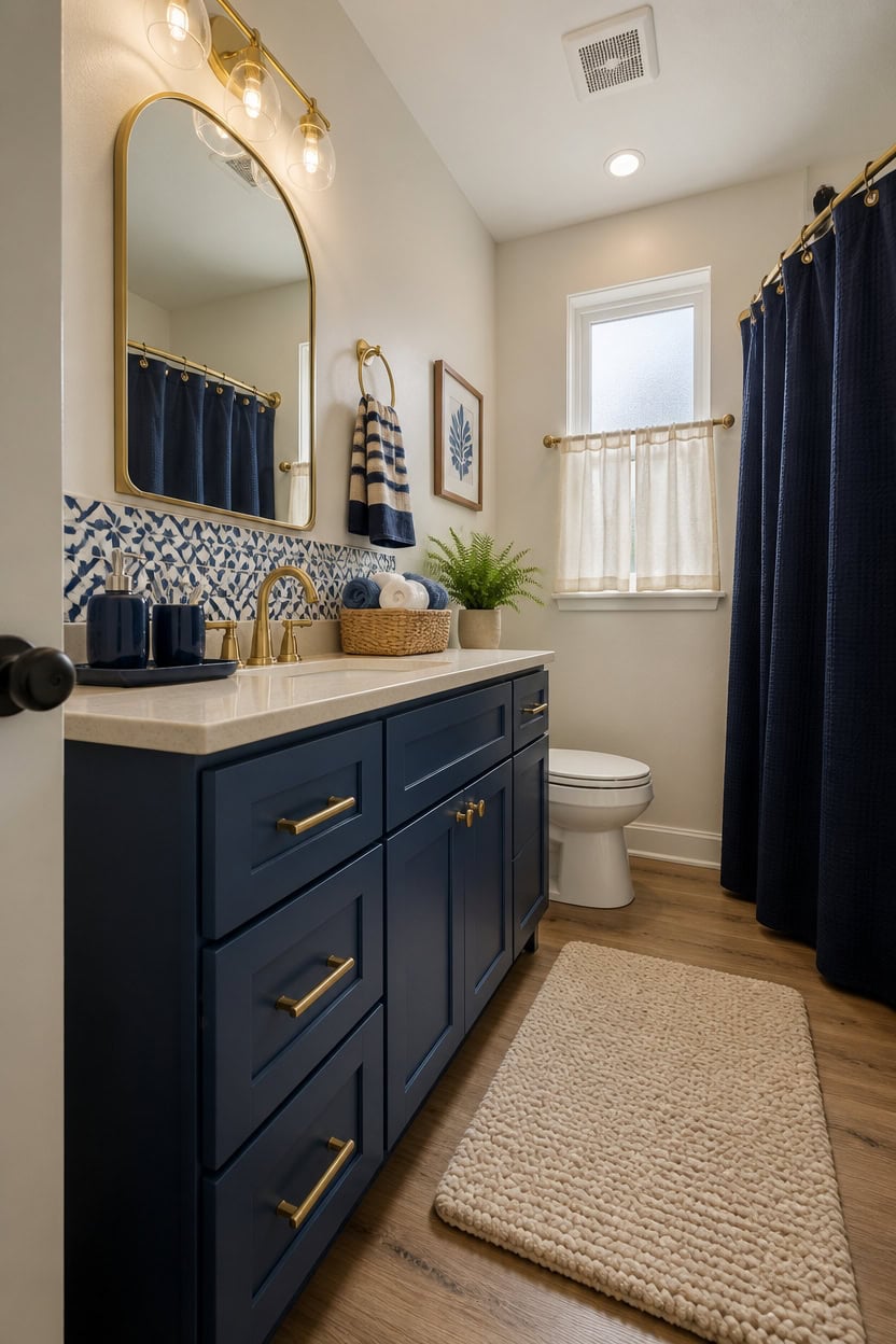 Stylish bathroom with navy blue vanity, gold fixtures, and a cozy rug.