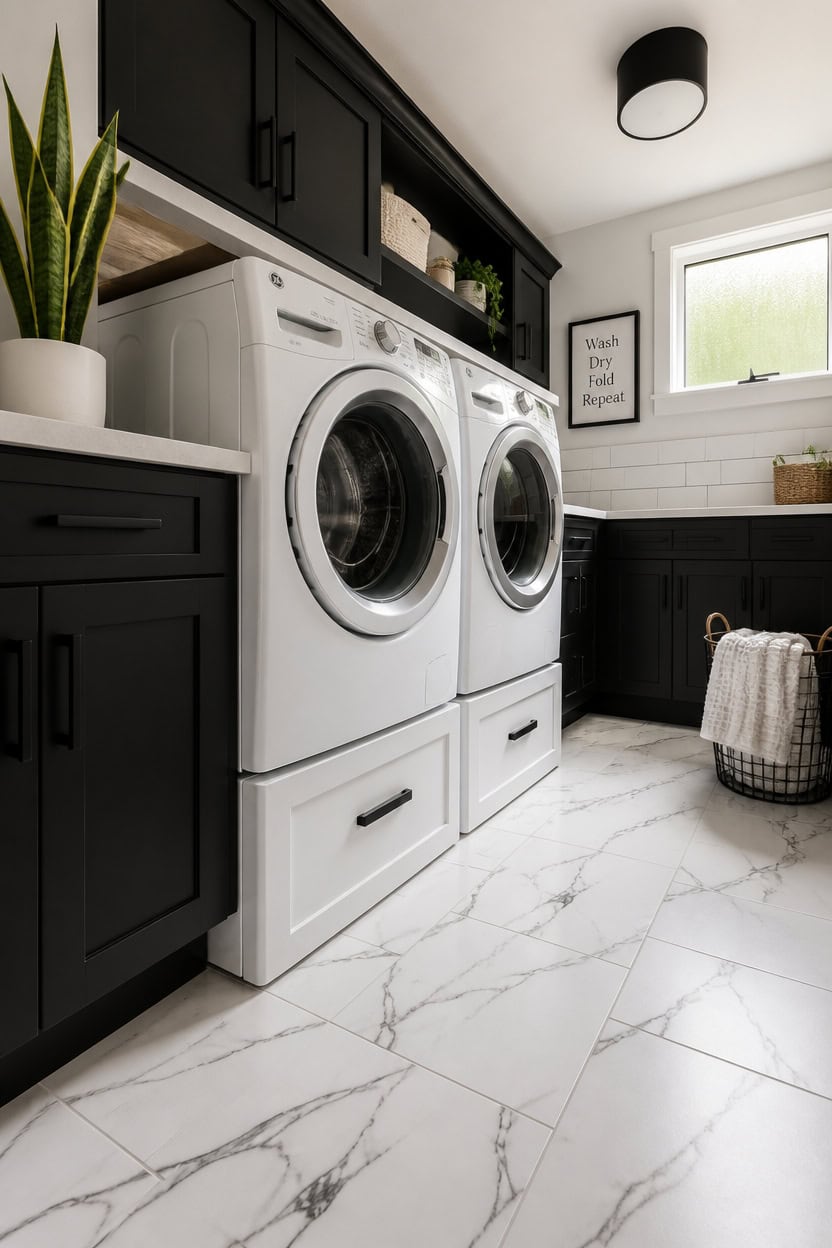 Bright laundry area featuring front-loading washer and dryer, sleek black cabinets, and natural ligh.