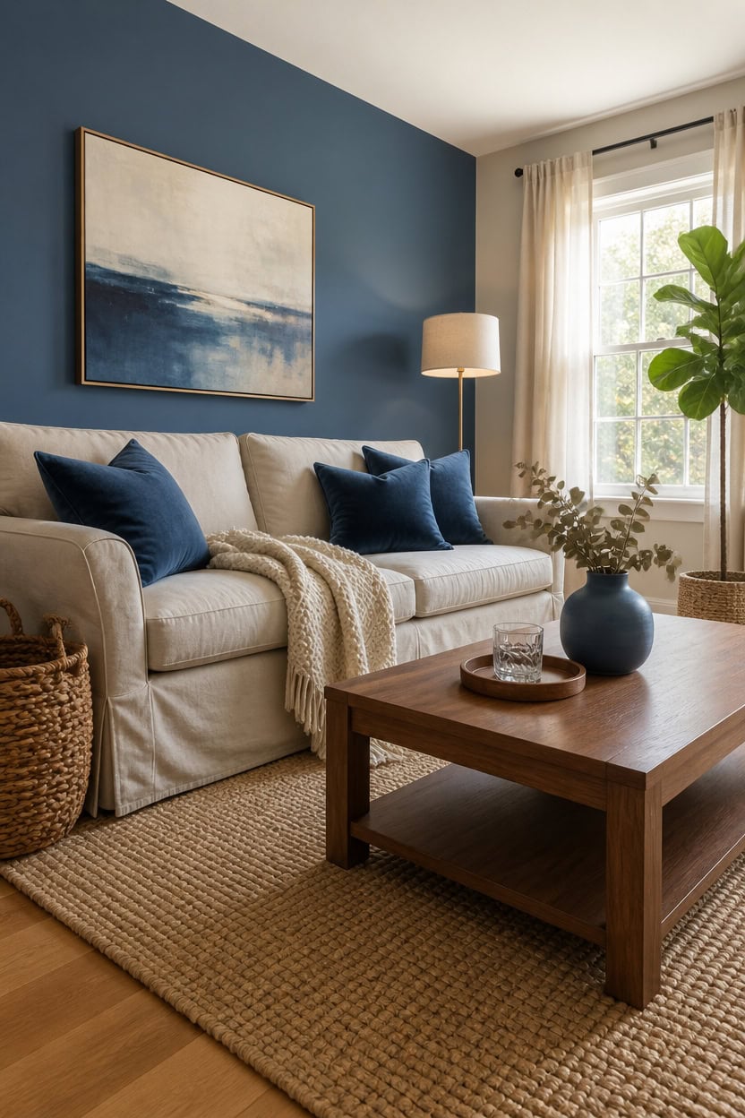 Bright living room with beige sofa, blue pillows, and natural light from large window.