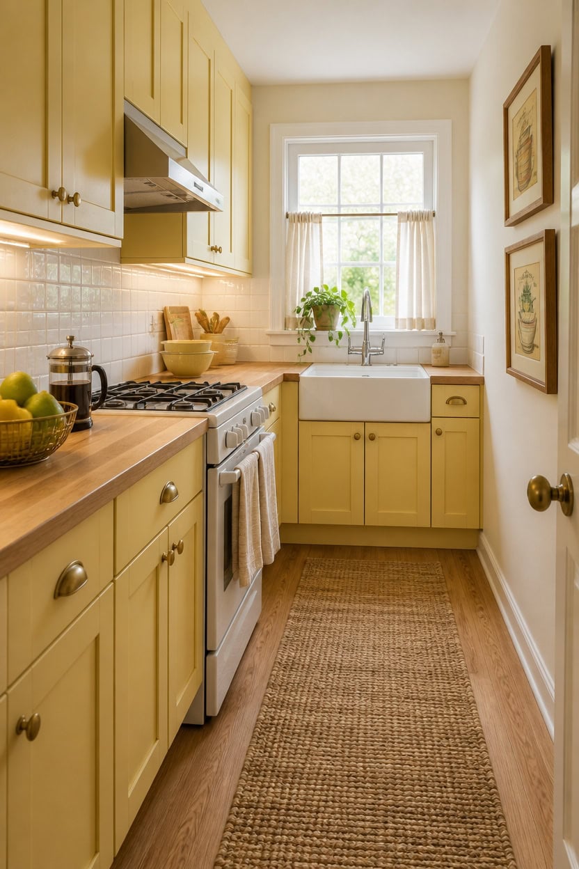Bright yellow kitchen with natural light, farmhouse sink, and wooden accents.
