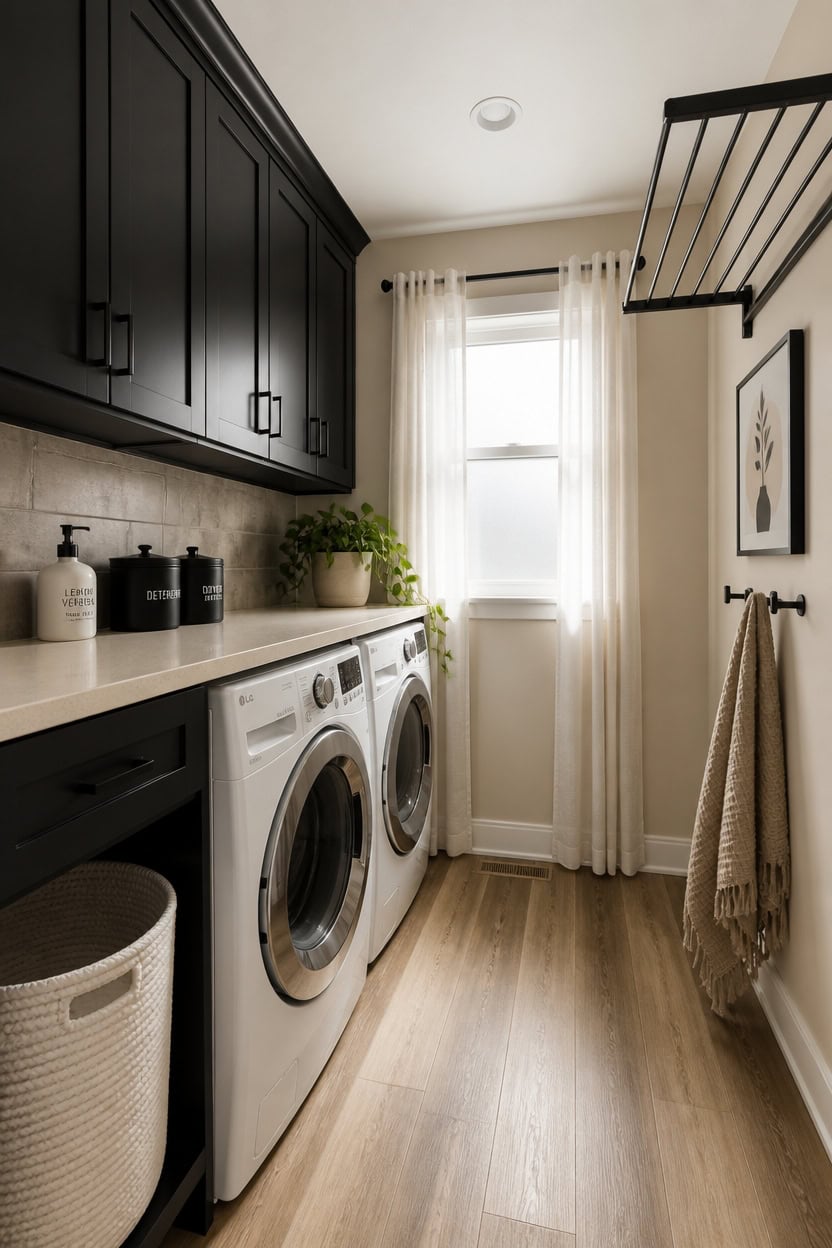 Bright laundry room with washer, dryer, black cabinetry, and a window with sheer curtains.