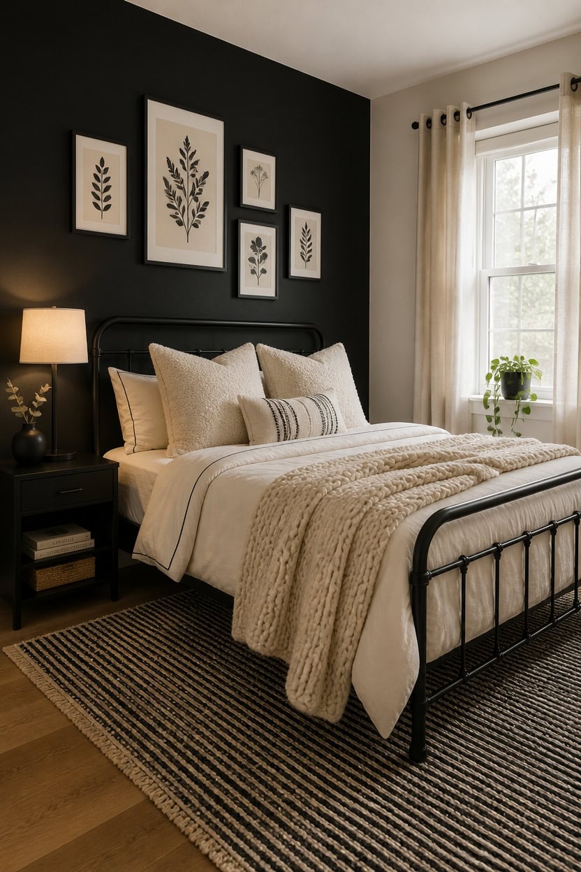 Modern bedroom with black accent wall, cozy bedding, and natural light from large window.