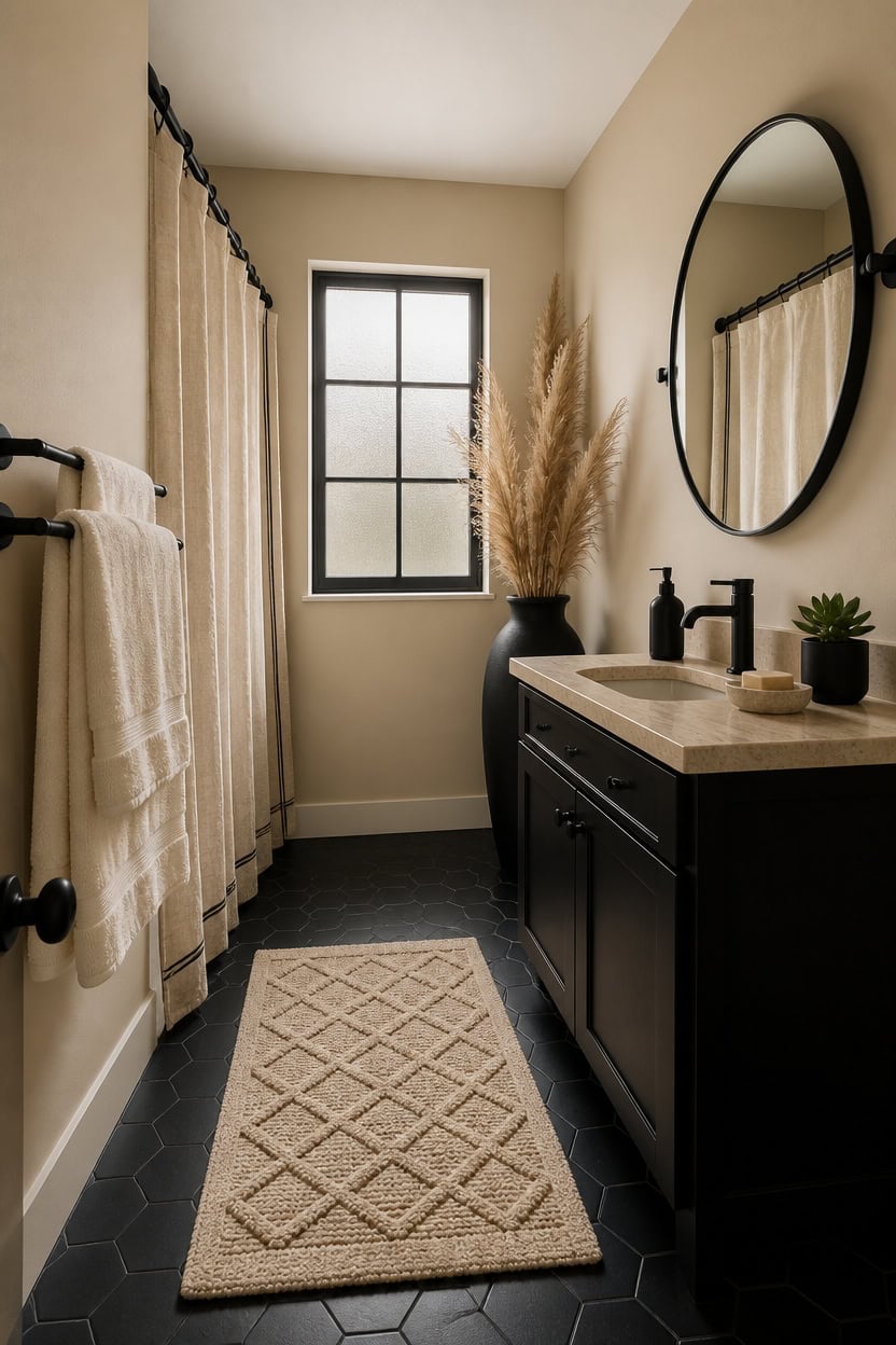 Bright bathroom featuring a black vanity, round mirror, and natural decor.