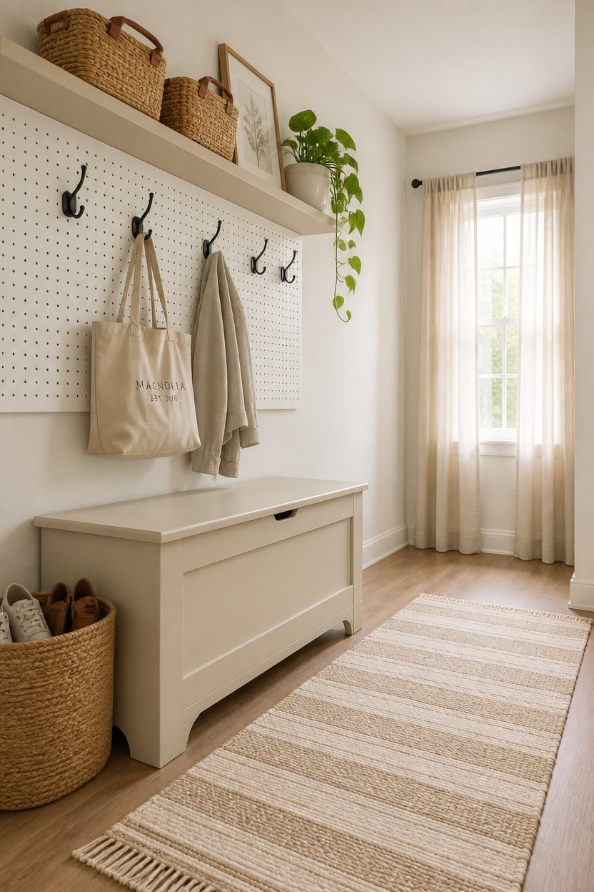 Bright entryway featuring wall hooks, a white storage bench, and natural decor elements.