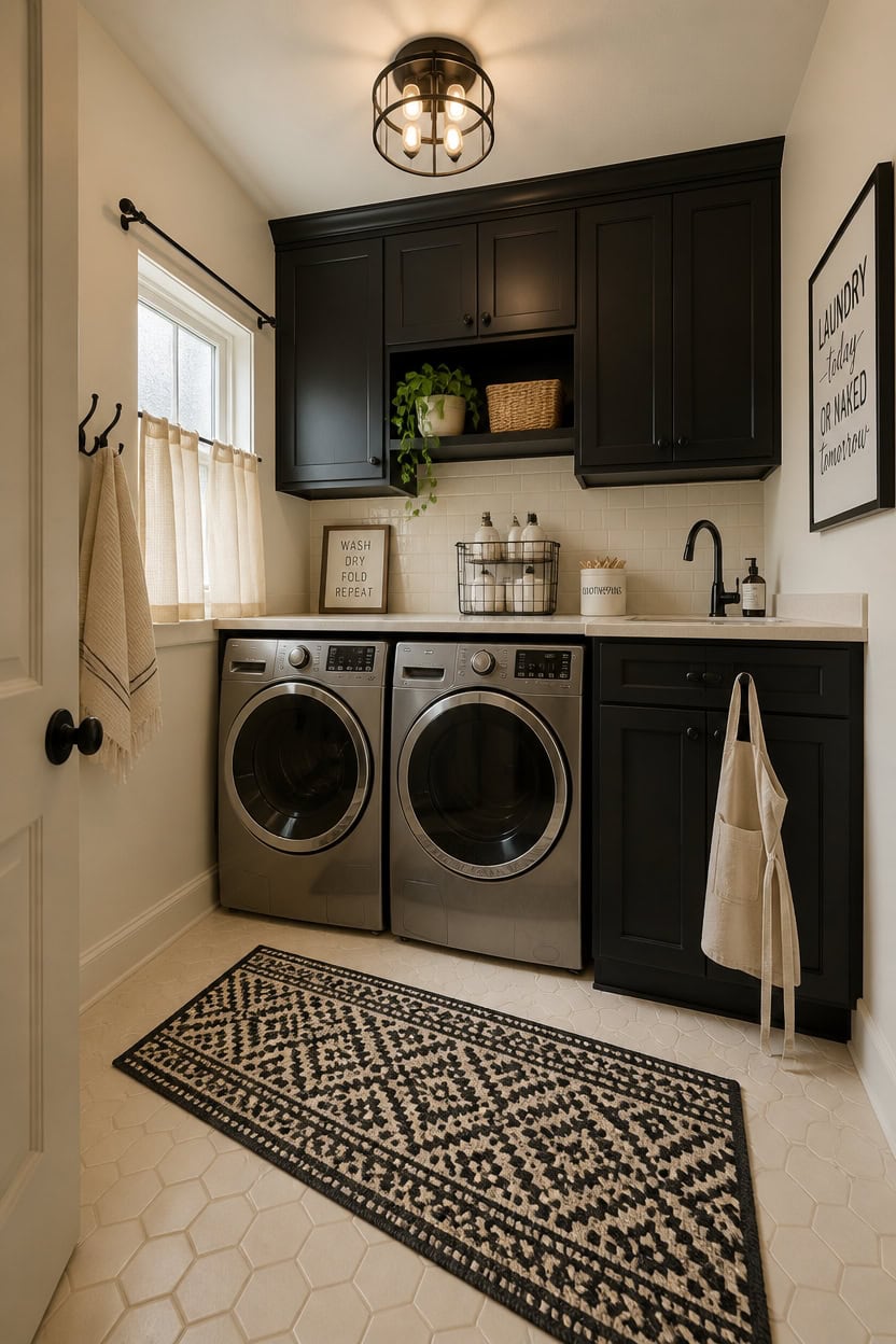 Laundry room with front-loading washer and dryer, black cabinetry, and natural light. Stylish, funct.
