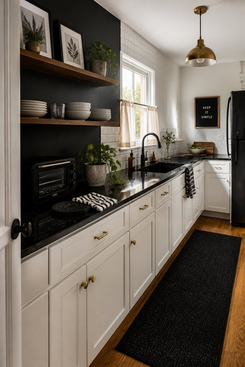 Bright kitchen with white cabinetry, black countertops, and open shelving, featuring natural light a.