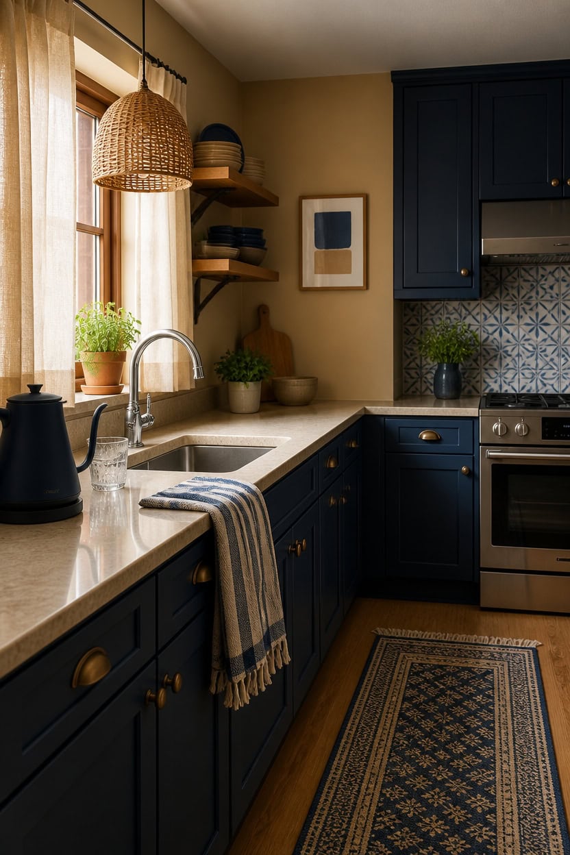Bright kitchen featuring navy blue cabinets, natural light, and stylish decor.