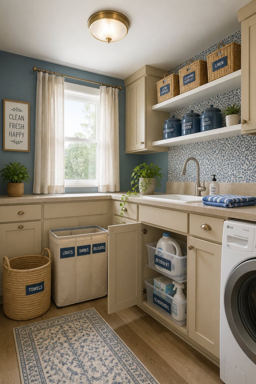 Bright laundry room with ample storage, laundry baskets, and a large window letting in natural sunli.