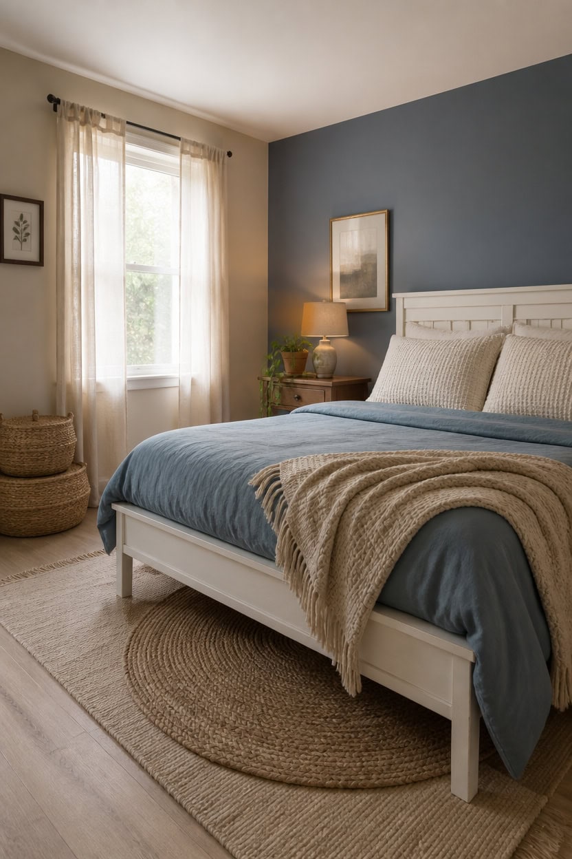Bright bedroom with large window and soft curtains, featuring a comfortable bed with blue bedding an.