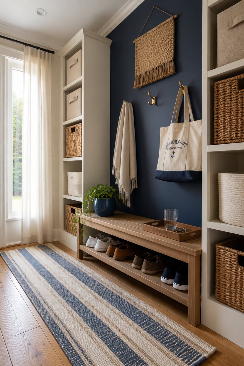 Entryway with built-in shelves, woven wall hanging, and shoe storage.