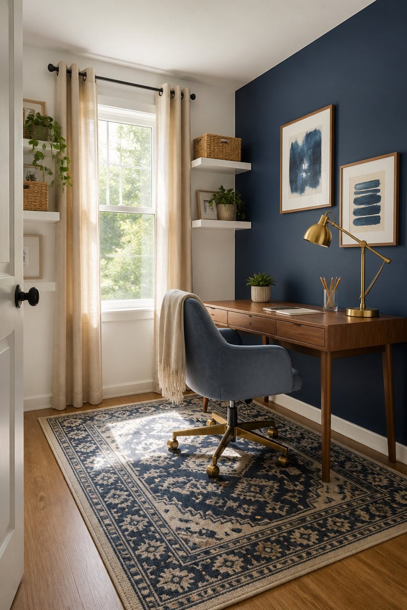 Home office with a wooden desk, blue accent wall, and large window with beige curtains.