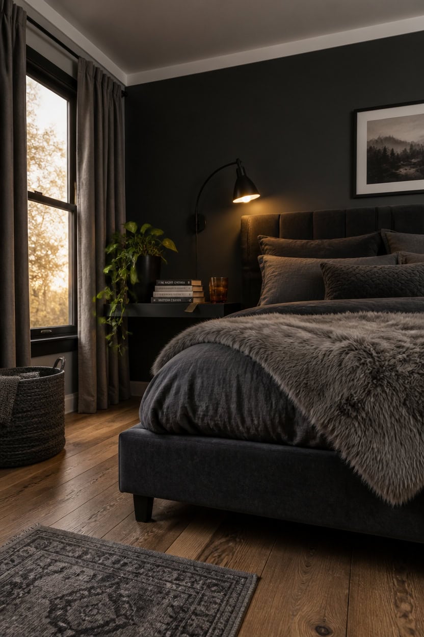 budget friendly dark gray bedroom