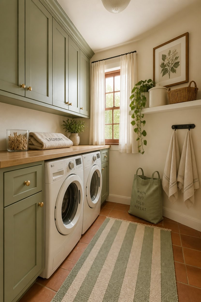 Bright laundry room with green cabinetry, washer and dryer, natural light, and decorative plants.
