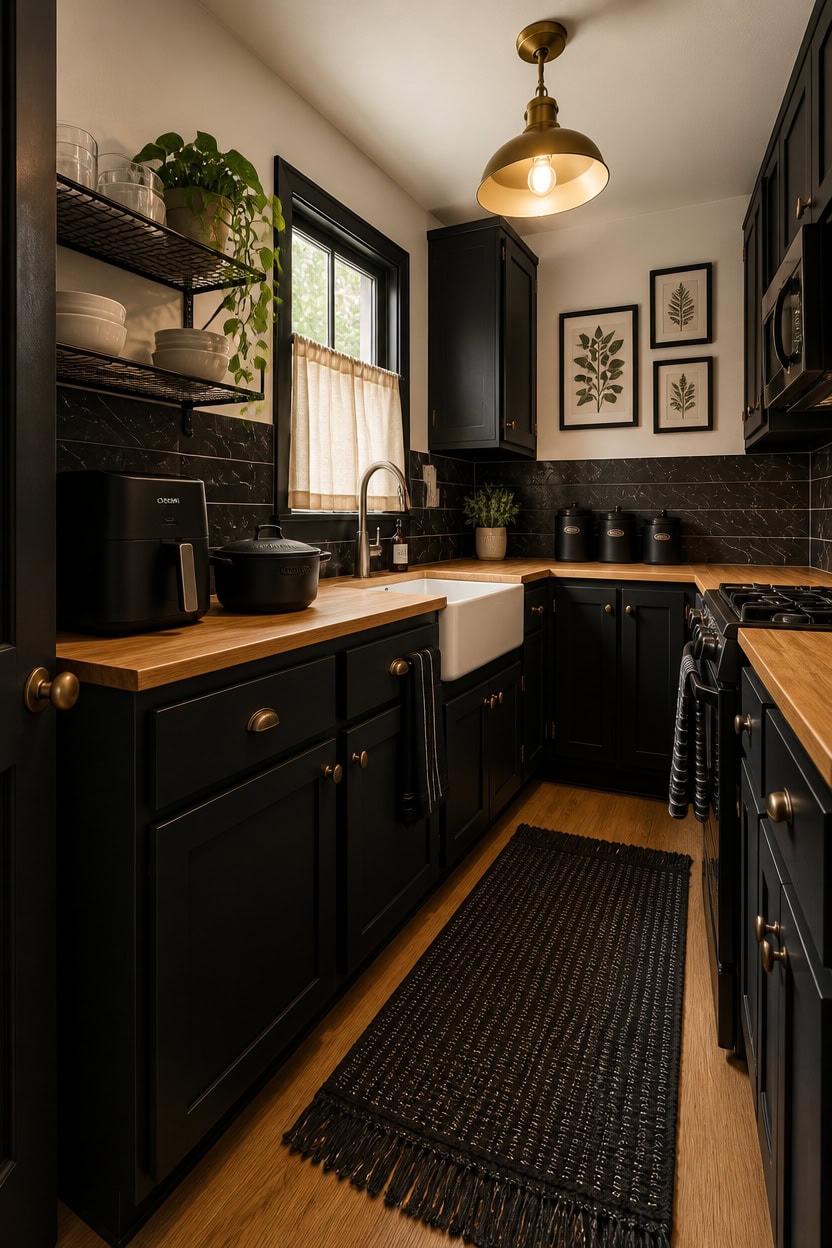 Modern black kitchen with wooden countertops, plants, and framed botanical art.