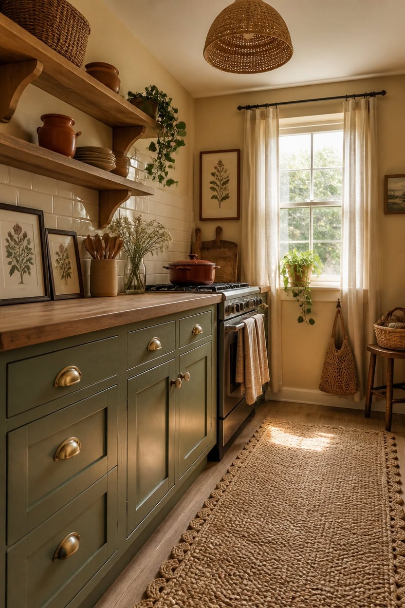 Bright kitchen with green cabinetry, open wooden shelves, and warm natural light from a large window.