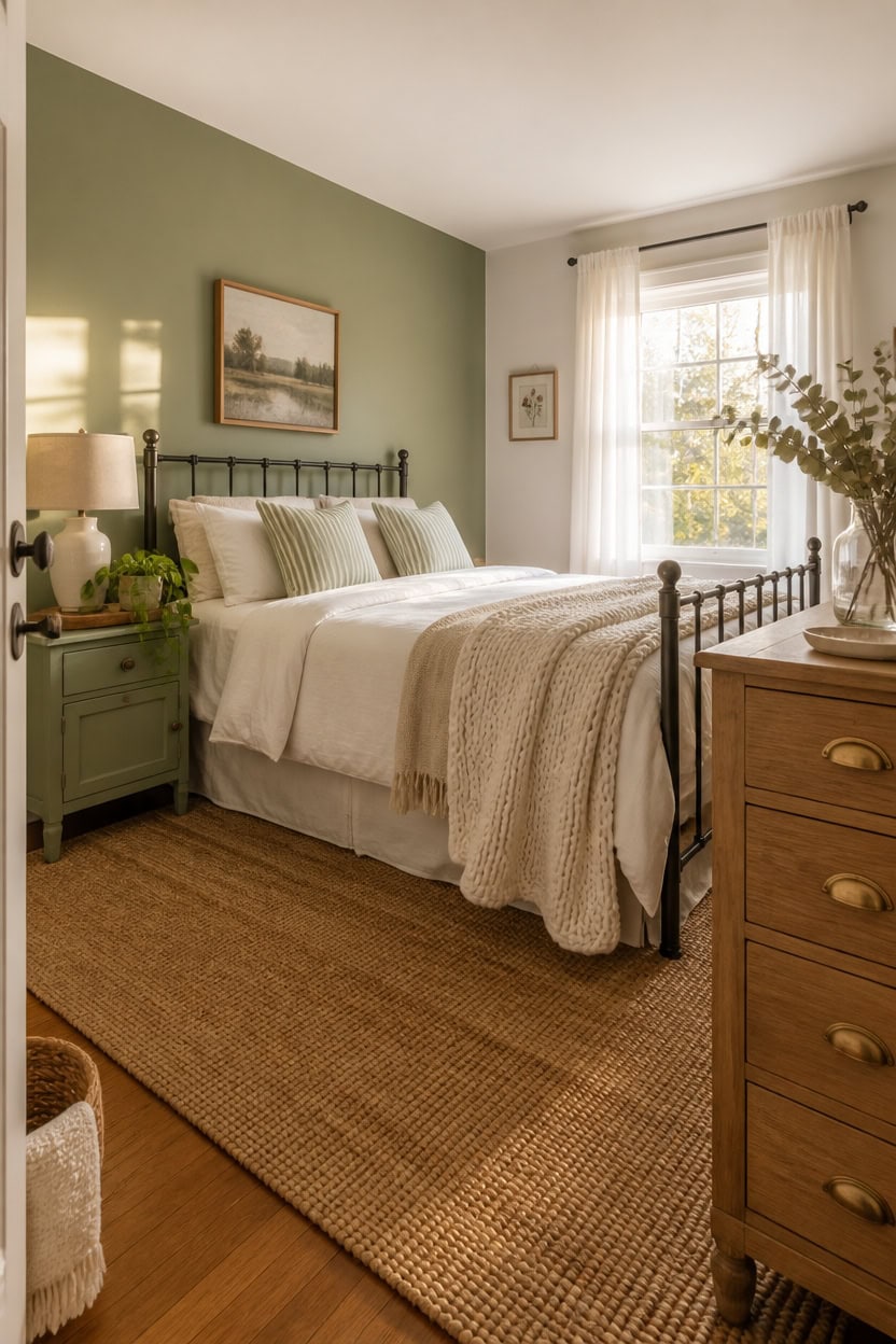Bright bedroom with green accent wall, white bedding, and natural light from large window.