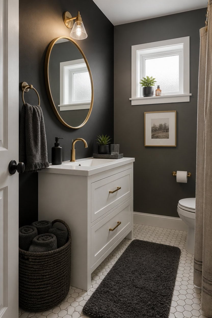Stylish bathroom featuring a white vanity, round mirror, and dark gray walls with natural light from a window.