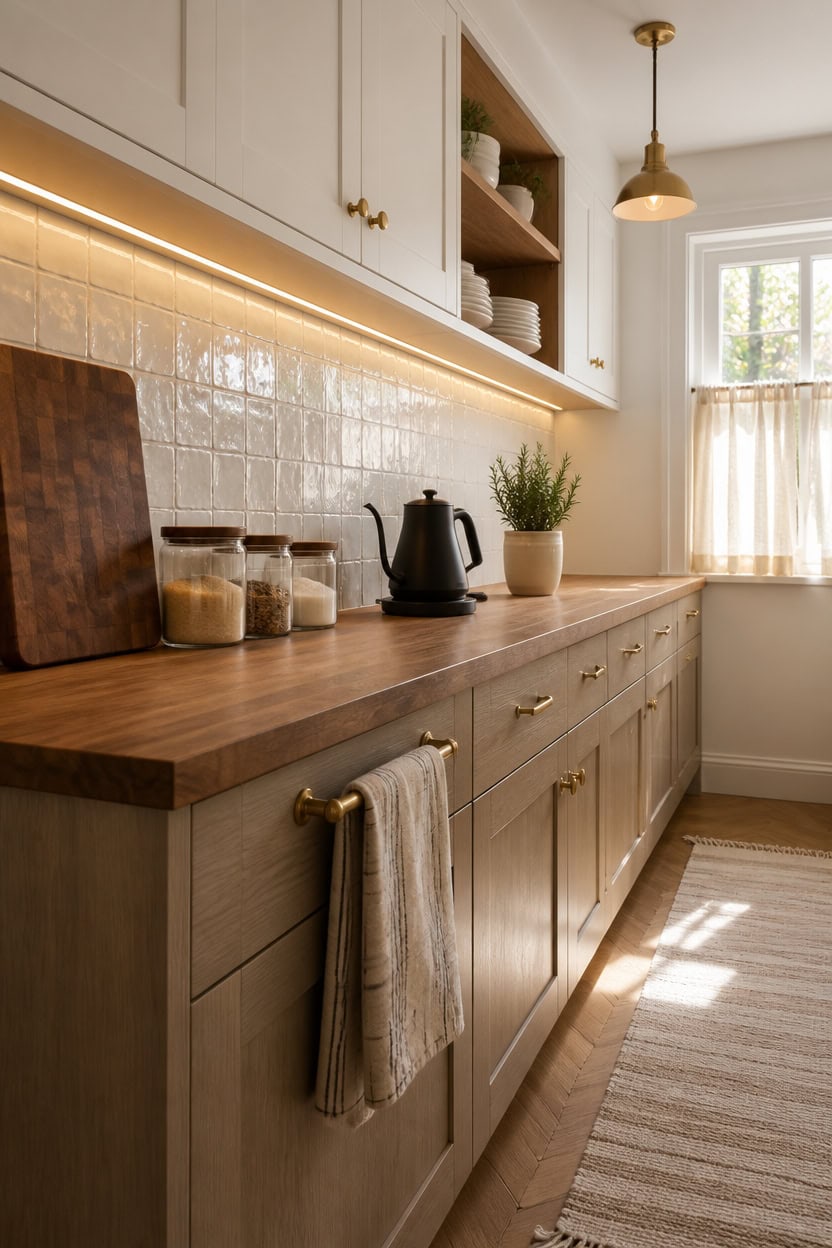 Modern kitchen with beige cabinets, wooden countertop, and natural light.