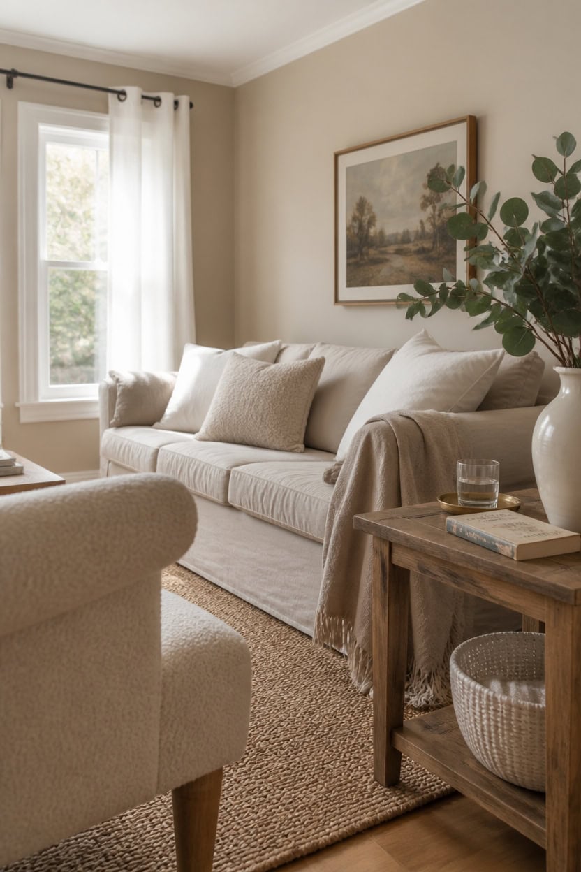 Bright living room with beige sofa, large window, and elegant decor.
