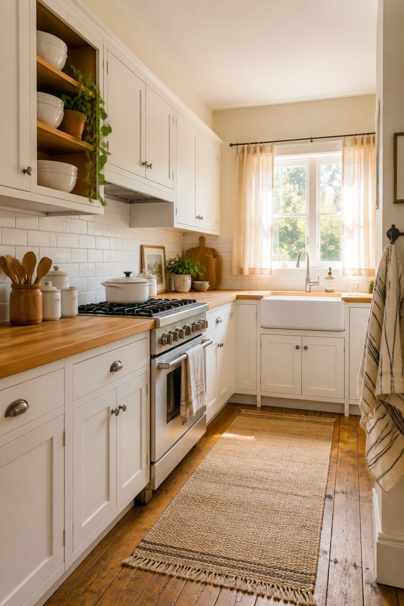 Bright kitchen with white cabinets and wooden accents, featuring a large window, cozy decor, and mod.
