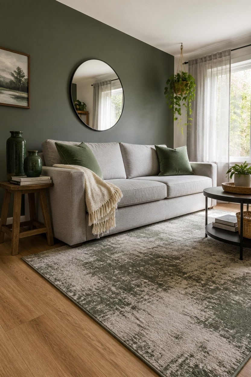 Modern gray and green living room with natural light, perfect for women who stopped decorating for guests.