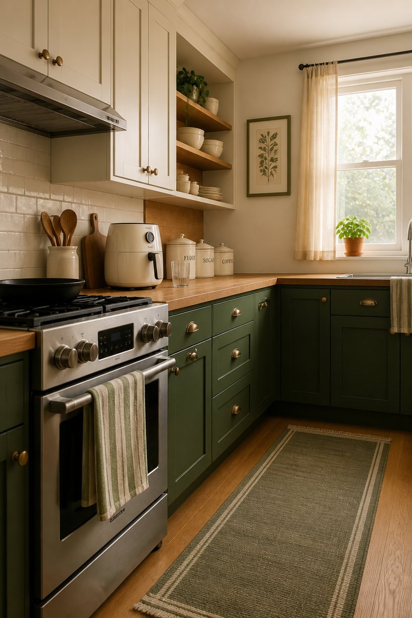 Bright kitchen with green lower cabinets, white upper cabinets, and open shelving. Features a window.