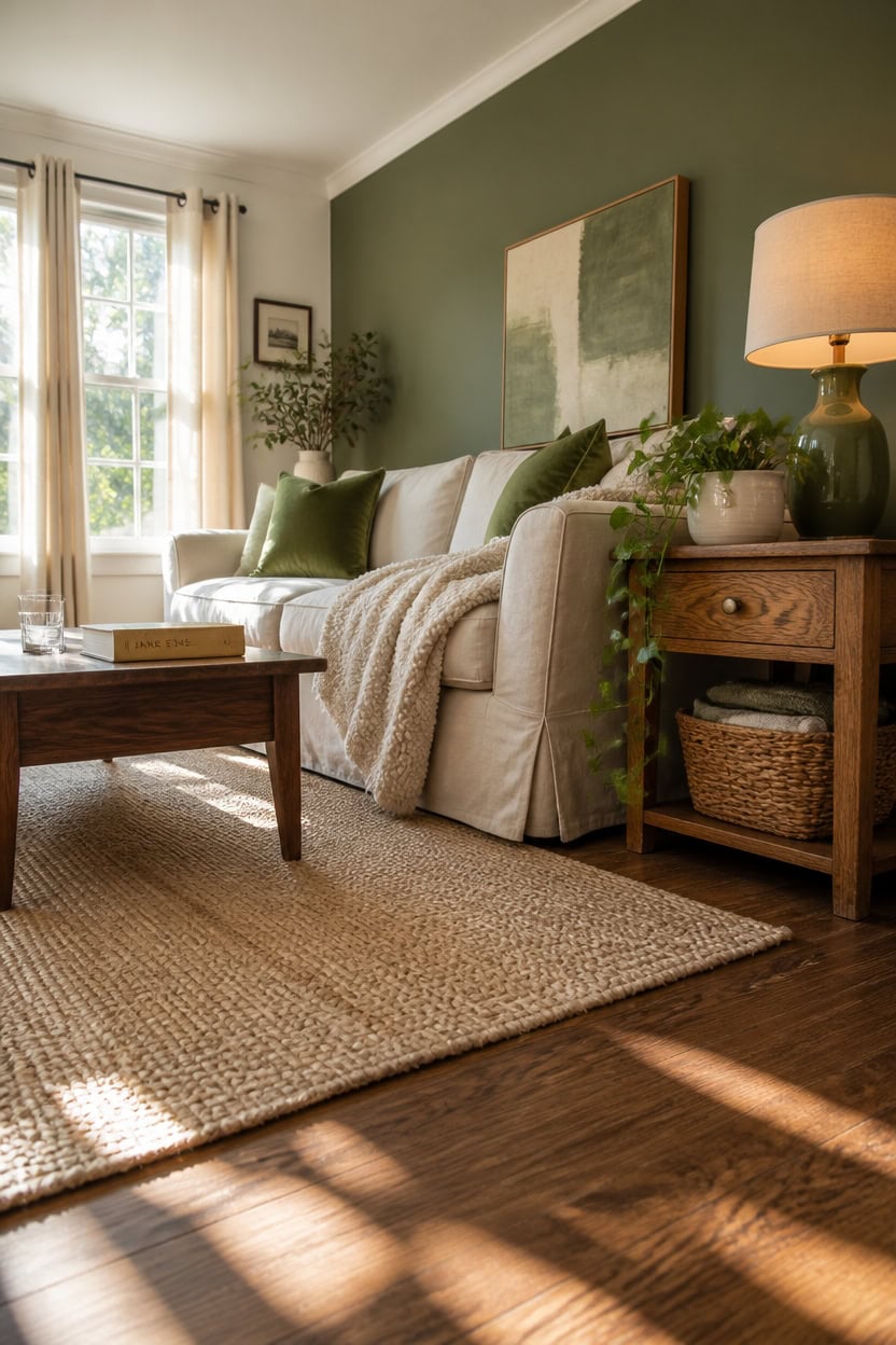 Bright living room with a white sofa, green accent wall, and natural light from large windows.