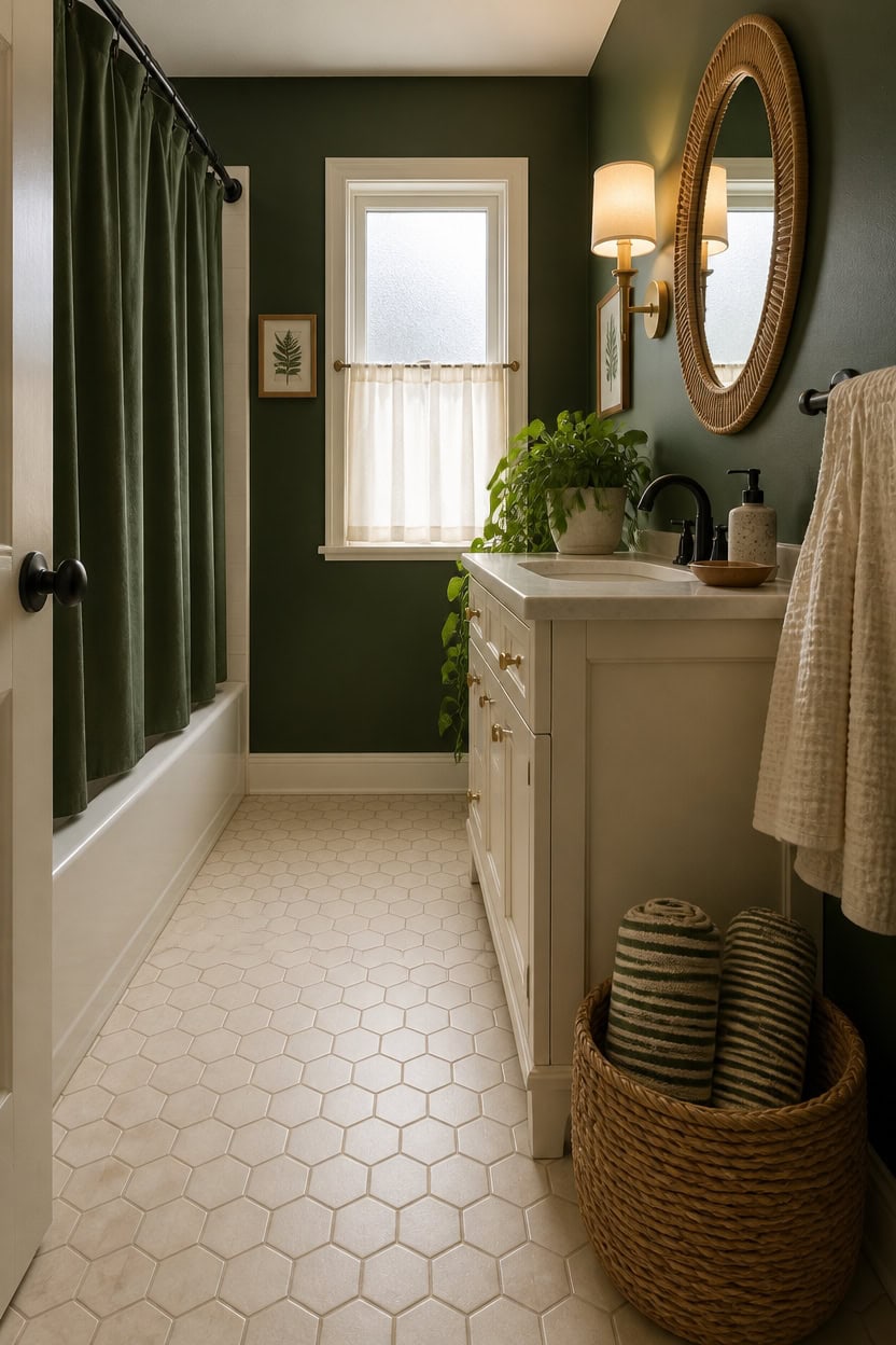 Small bathroom with green walls, white vanity, round mirror, and natural light from window.