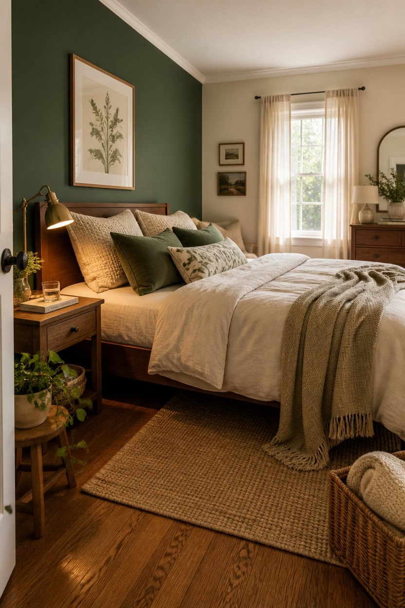 Comfortable bedroom with green accent wall, natural light, and stylish decor.