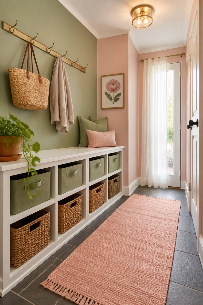 Entryway with storage bench, wall hooks, and natural light.