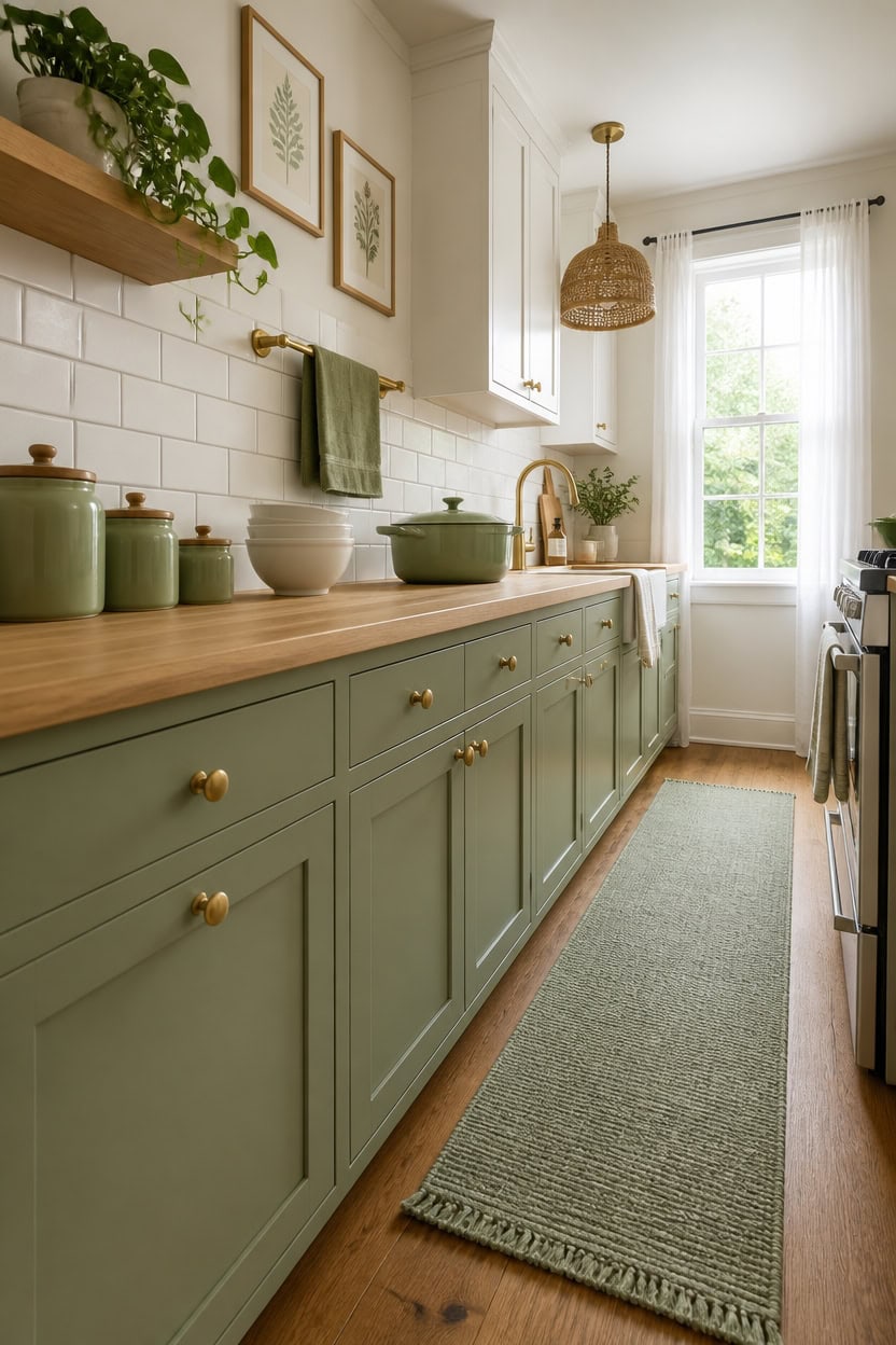 Bright kitchen with green cabinets, white subway tile backsplash, and natural light from window.