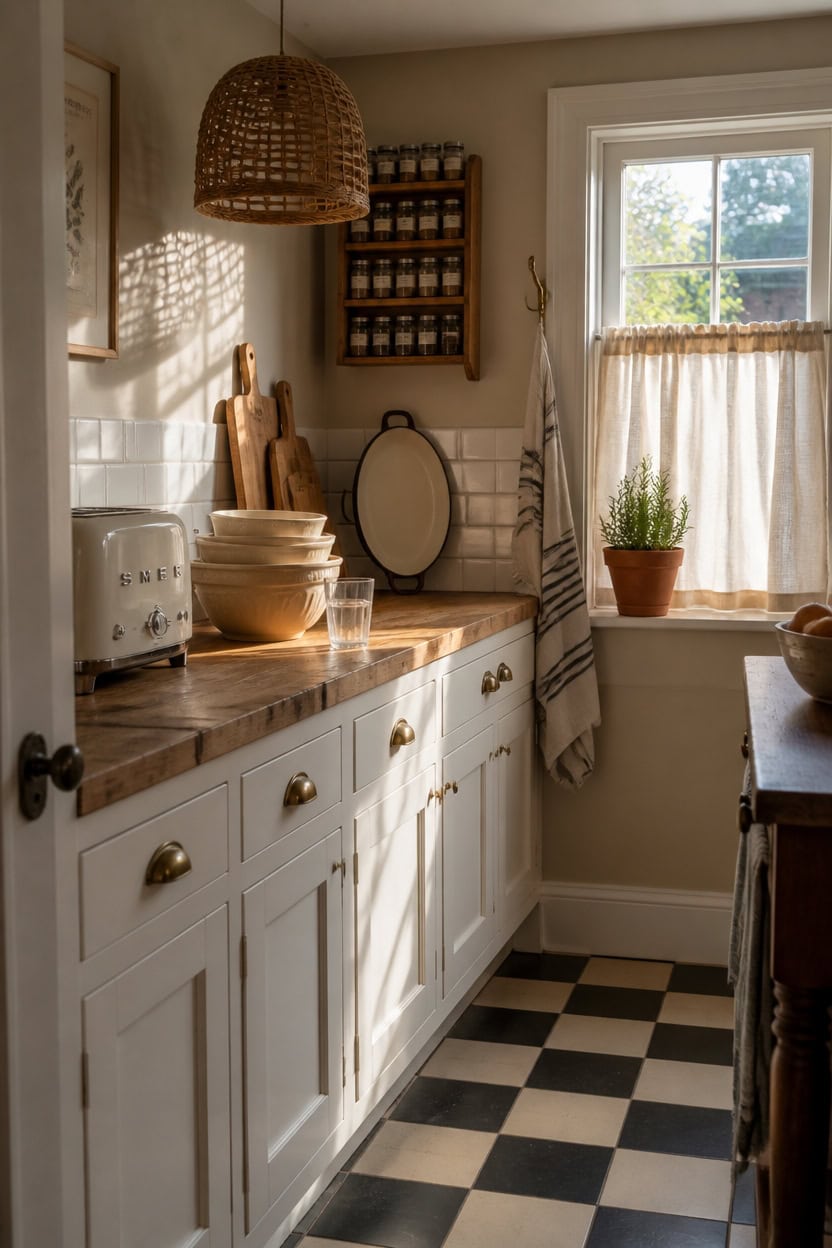 Bright kitchen with white cabinetry and checkered floor tiles.