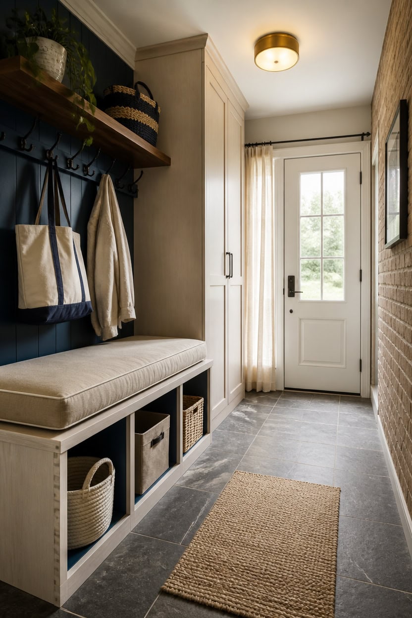 Bright entryway with a white door, built-in storage bench, and hanging hooks for coats and bags.