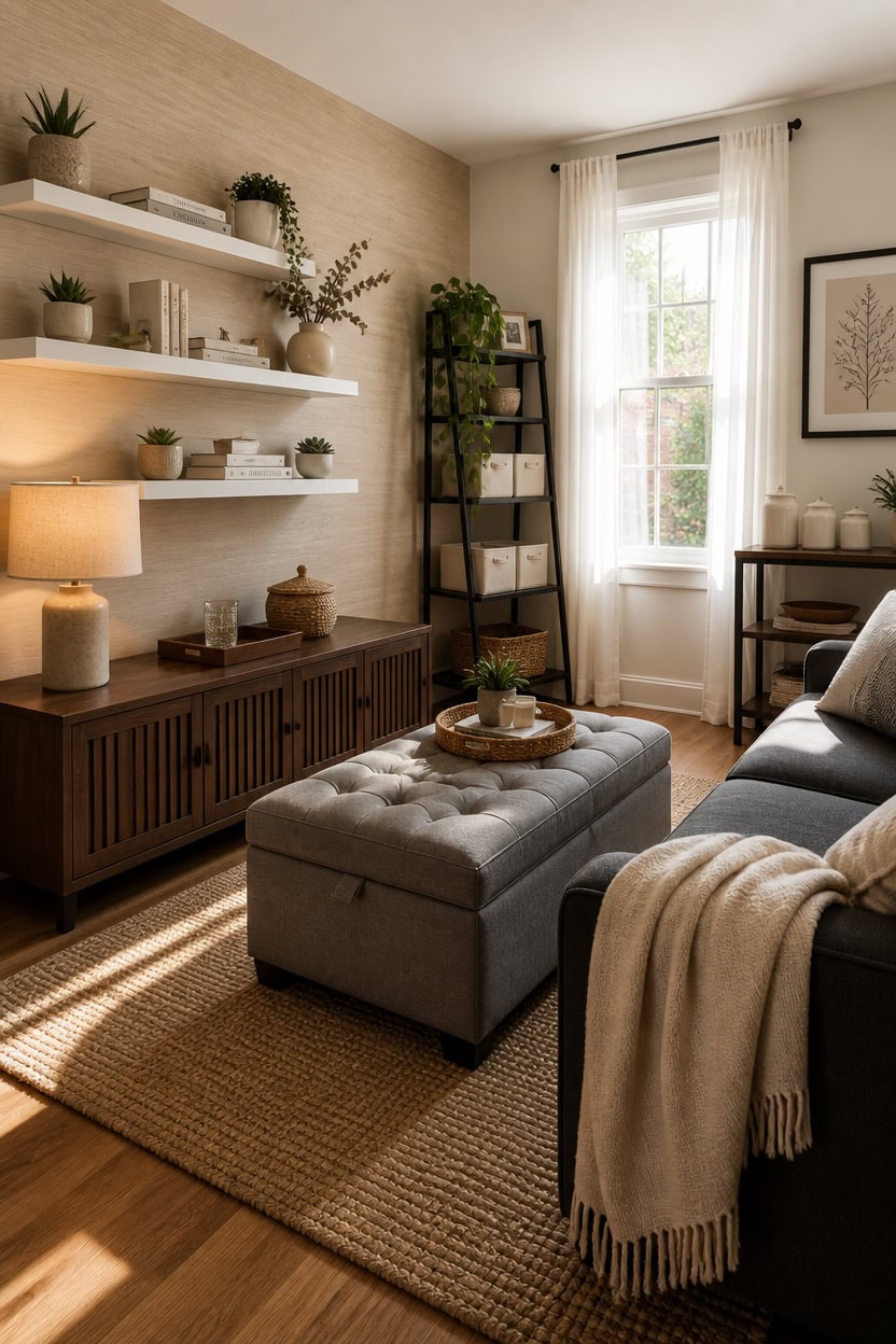 Bright living room with large window, modern decor, and comfortable seating.