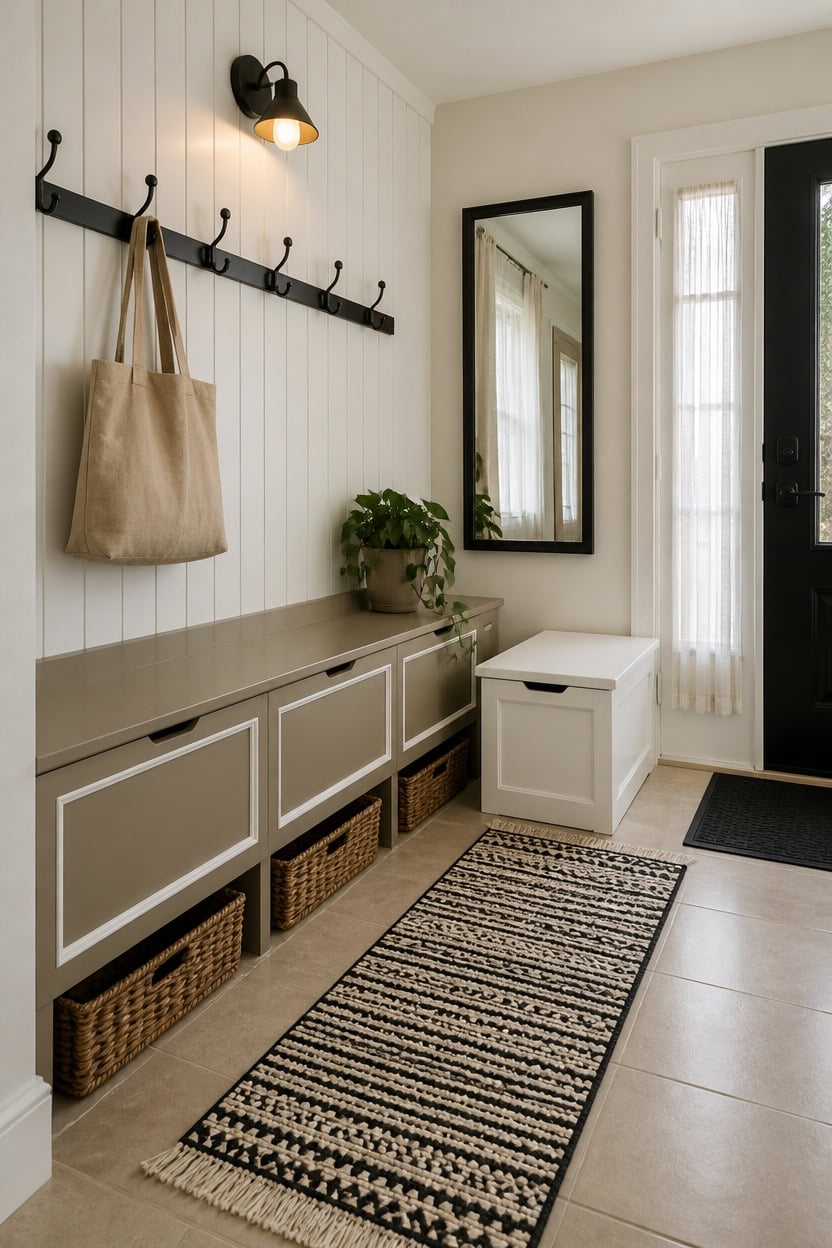 Entryway with storage bench, wall hooks, mirror, and decorative rug.