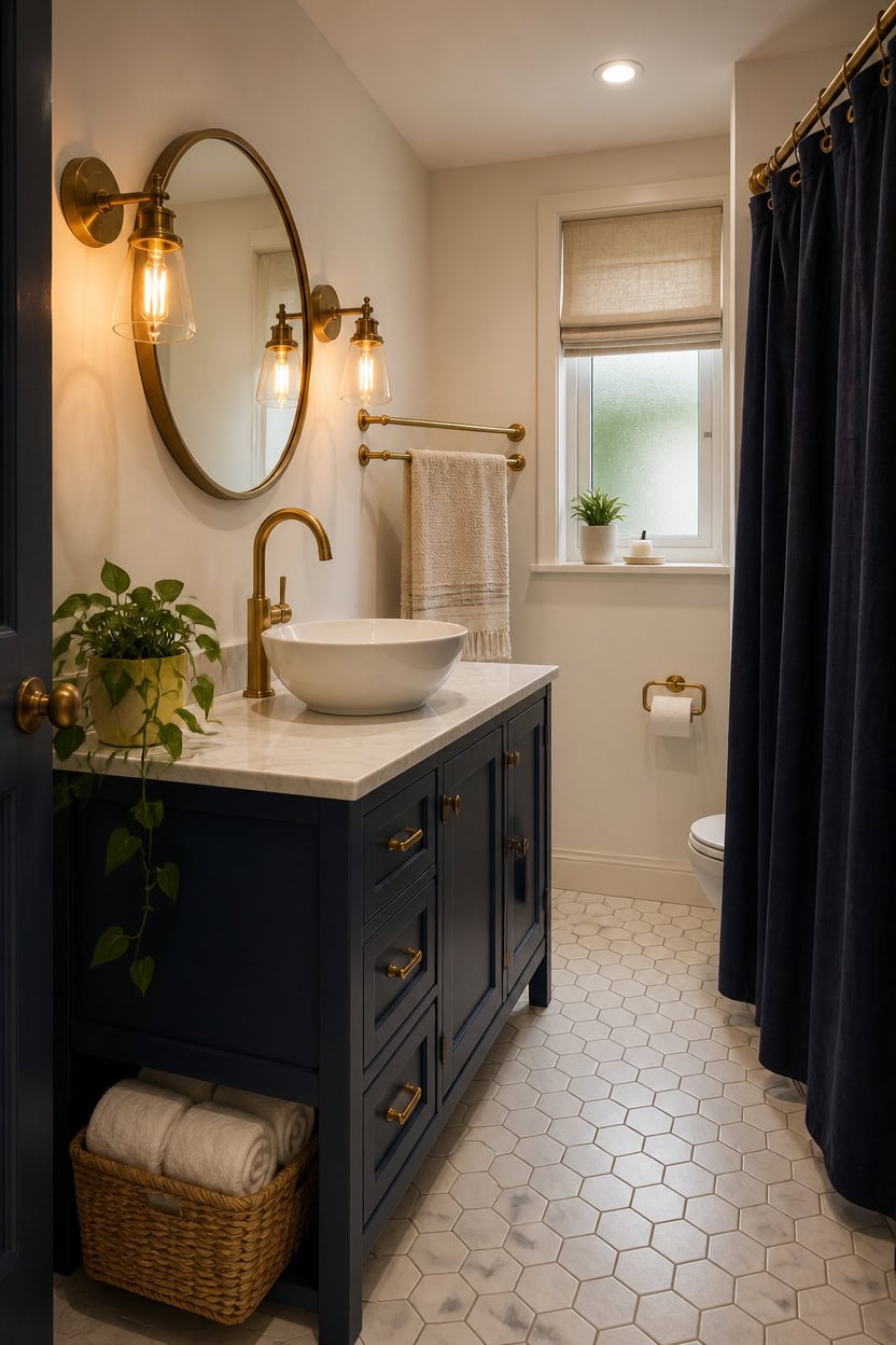 burnished brass navy bathroom