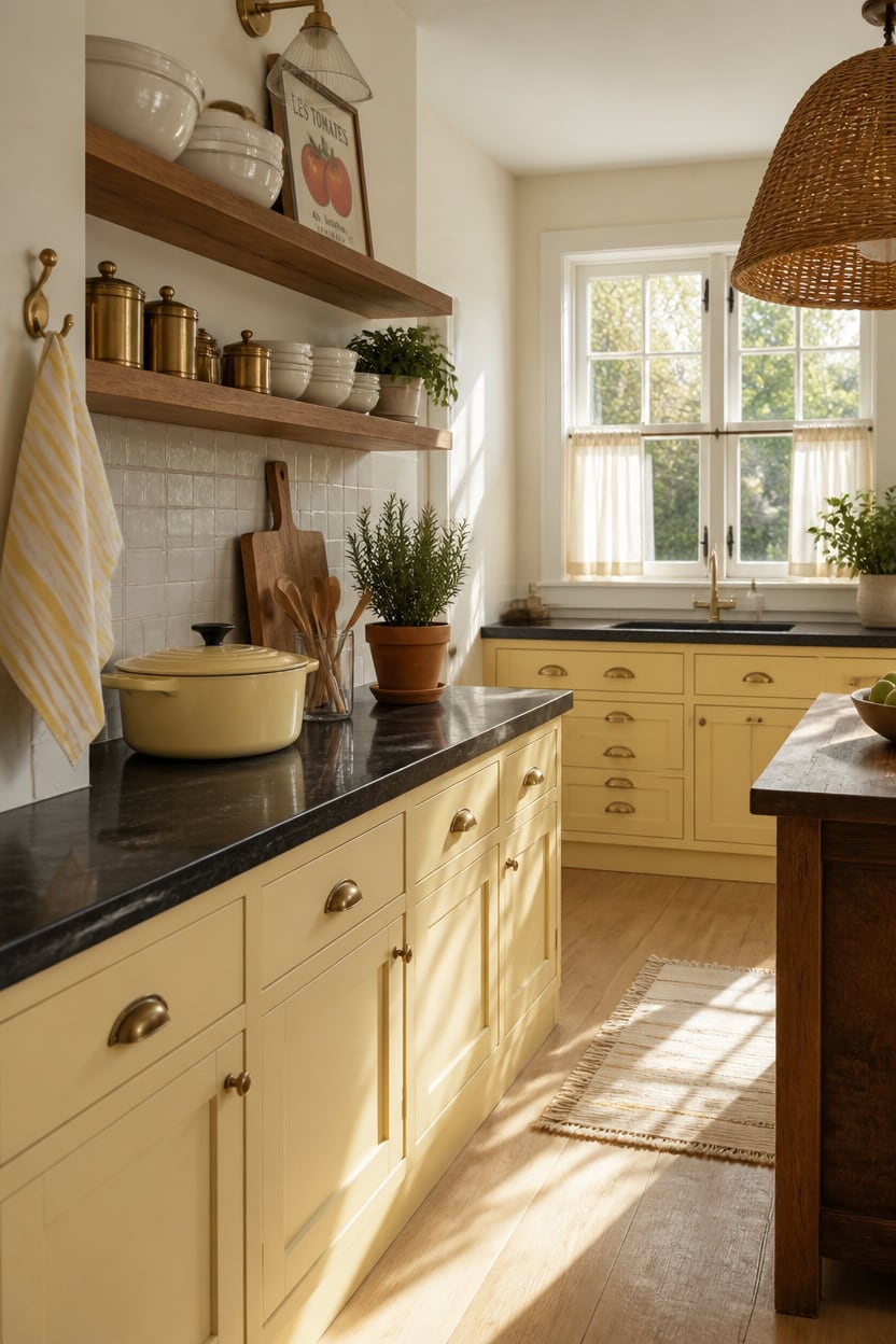Bright kitchen with cream cabinets and open shelving.