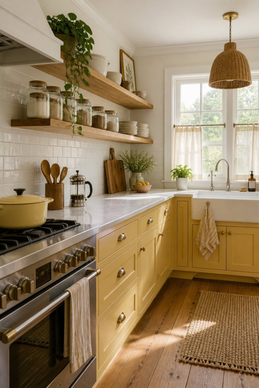 Bright kitchen with yellow cabinets, open shelves, and large window for a welcoming atmosphere. Perf.