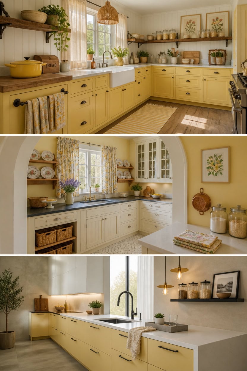 Bright yellow kitchen with rustic wooden accents and large windows for natural light. Cozy, inviting.