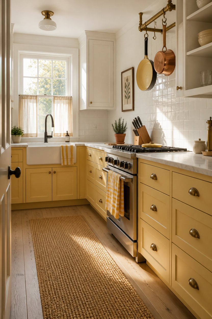 Bright yellow kitchen with white cabinets and natural sunlight streaming through the window.