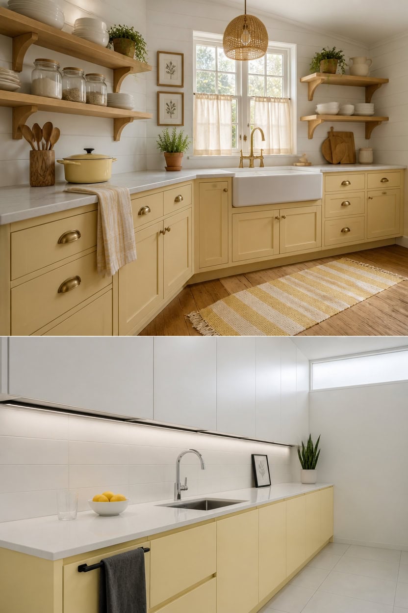 Bright vintage kitchen with open wooden shelves, farmhouse sink, and natural light.