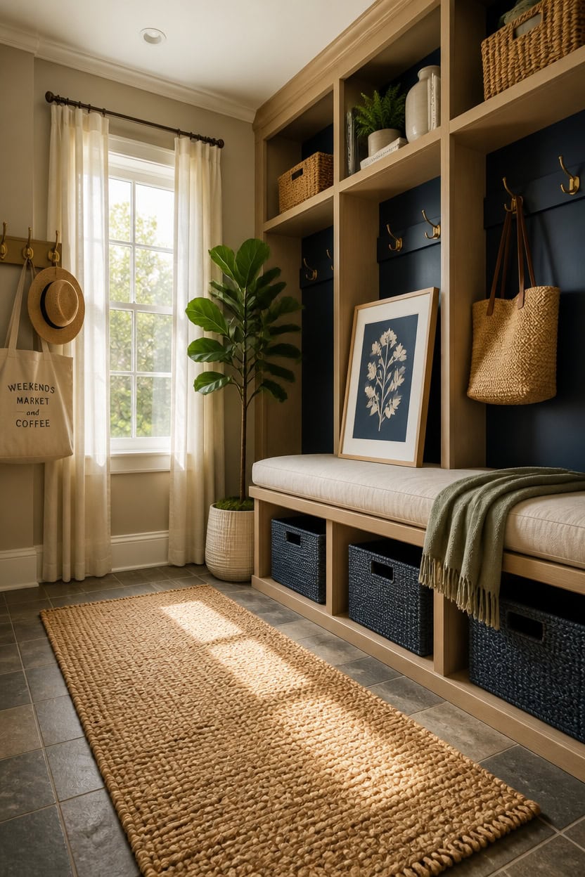 Bright entryway with built-in storage, decorative artwork, and natural light in a modern apartment.