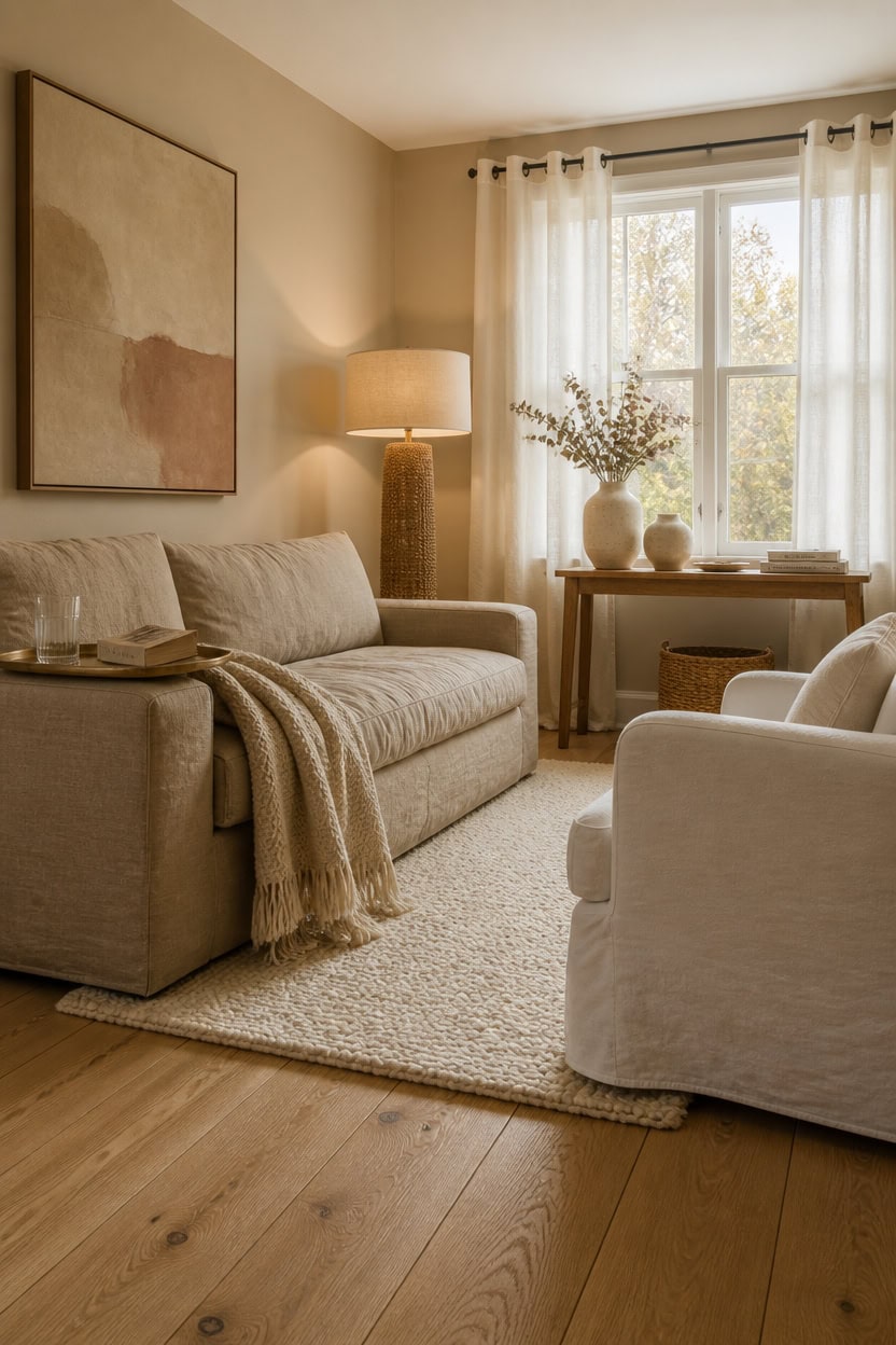 Bright and inviting living room with large window, neutral tones, and comfortable furniture, perfect for relaxing at Apartmen.