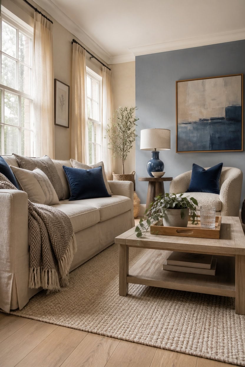calm blue and beige layering